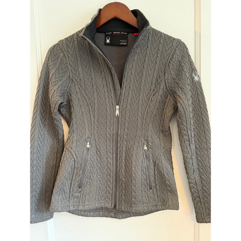 Spyder Jacket Women Small 186406 Cable Knit Fleece Lined Full Zip Grey